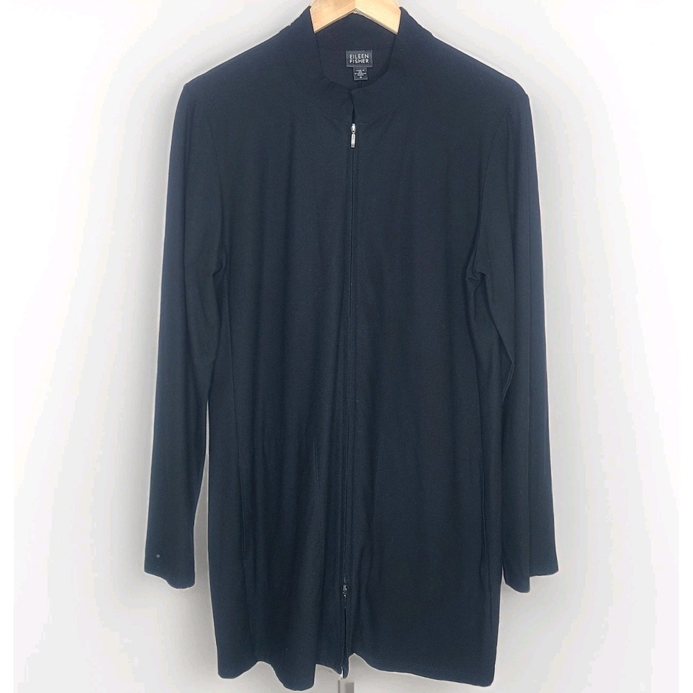 Eileen Fisher M Stretch Full Zip Mandarin Collar Long Jacket‎ Cardigan Black